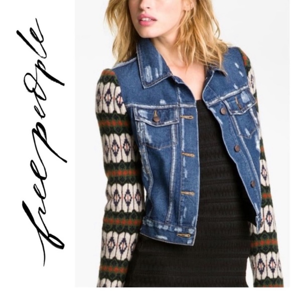 Free People Cypress Jean Jacket With Patch & Wool Knit Sleeve